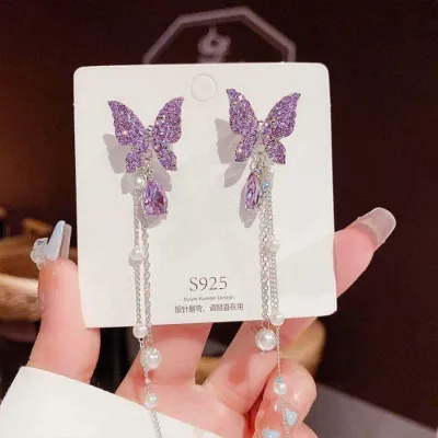 Purple Butterfly Small Pearl Long Chain Tassel Earring